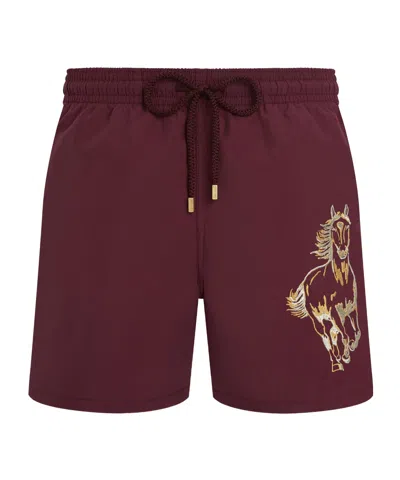 Vilebrequin Drawstring-fastening Horse-print Swim Shorts In Burgundy