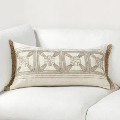 Villa By Classic Home Baia Embroidered Linen Fabric Natural Pillow In Beige;cream Geometric