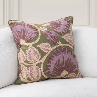 Villa By Classic Home Folly Linen Fabric Hand Embroidered Throw Pillow In Olive Green