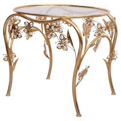 Pre-owned Villari Butterfly Brass And Crystal Oval Shaped Side Table Hollywood Regency 1980s In Brown