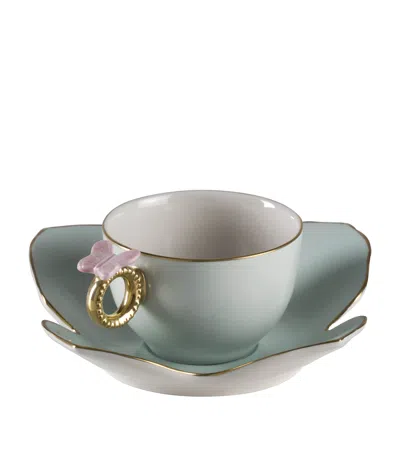 Villari Butterfly Teacup And Saucer Set In Blue