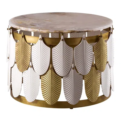Pre-owned Villari Peacock Round Brass With Marble Top Coffee Table In Brown