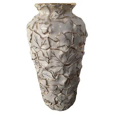 Pre-owned Villari White Italian Porcelain Vase By  With Leaves And Pure Gold Decorations