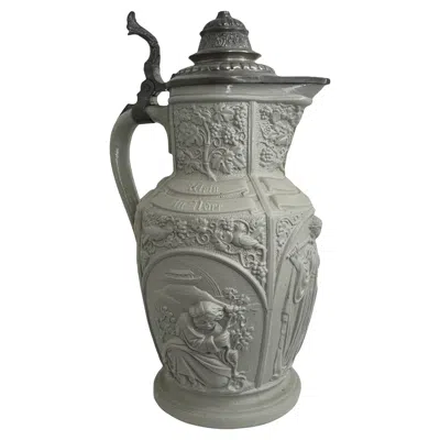 Pre-owned Villeroy & Boch Antique Mettlach German  Beer Or Vine Pitcher Ceramic Pewter Lidd In Gray