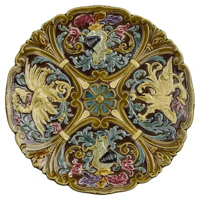 Pre-owned Villeroy & Boch Antique Victorian Historism Majolica Pedestal Bowl / Centerpiece Knights Dragons In Brown