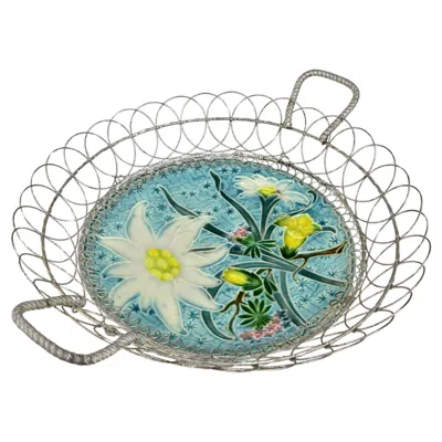 Pre-owned Villeroy & Boch Antique  Majolica Barbotine Plate W. Wirework Basket Bowl Dish In Gray