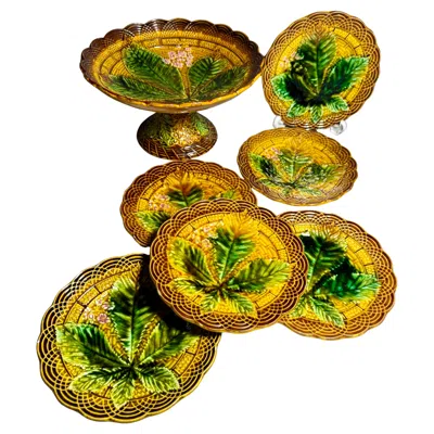 Pre-owned Villeroy & Boch Art Nouveau Majolica  Set Fruit Stand Plates 1880 In Brown