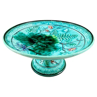 Pre-owned Villeroy & Boch German Majolica Fern Leaf Greek Key Footed Comport In Green