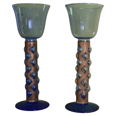 Pre-owned Villeroy & Boch Pair Candlelight Holder Cobalt Blue Glass And Brass By