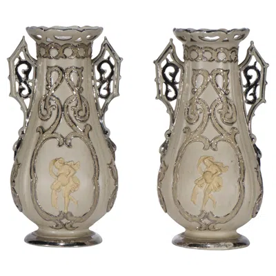Pre-owned Villeroy & Boch Pair Of Antique  Mettlach Vases Platinum Trim, Strong Museum In Brown
