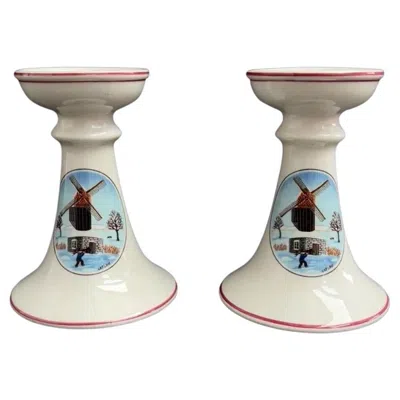 Pre-owned Villeroy & Boch Paired Porcelain Naif Christmas Collection Small Candlesticks In Gray