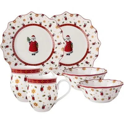 Villeroy & Boch Toy's Delight Christmas Collection Breakfast Set For 2, Santa, Premium Porcelain, 6-piece Set, Plate In Red,white