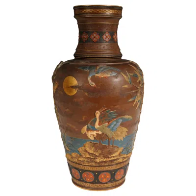 Pre-owned Villeroy & Boch Vase With Cranes By The Villeroy&boch Manufacture, Mettlach Germany, Circa 1900 In Brown