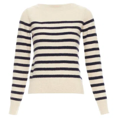 Pre-owned Vince 100% Cashmere Breton Nautical Striped Long Sleeve Boat Neck Sweater Xxs In Sand