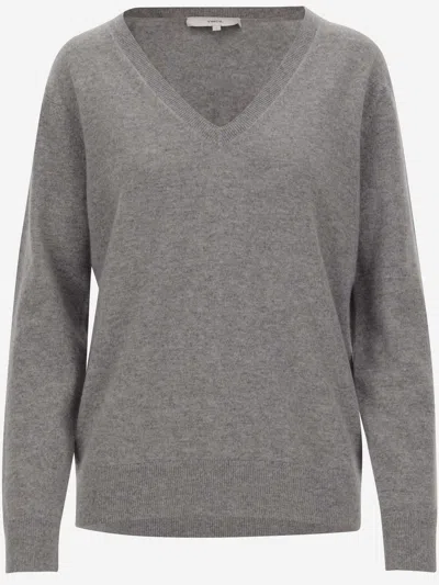 Vince V-neck Cashmere Pullover With Ribbed Edges In Gray