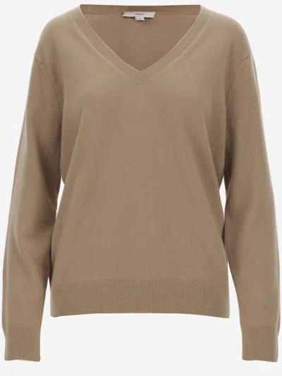 Vince Pure Cashmere Pullover With V-neck And Ribbed Edges In Brown