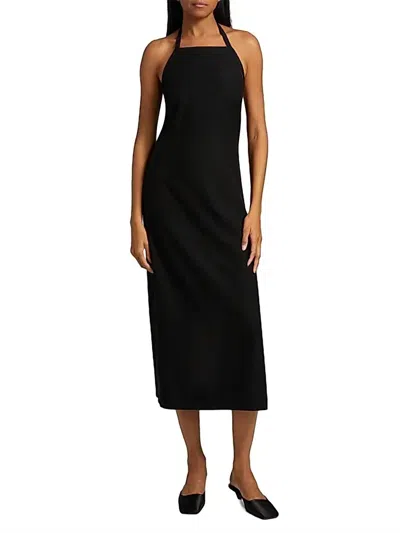 VINCE APRON HALTER SLEEVELESS MIDI DRESS IN BLACK