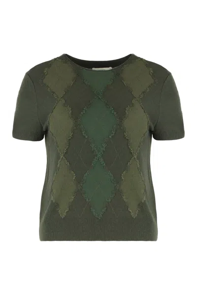 Vince Argyle Short-sleeve Sweater In A Wool Blend In Green
