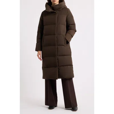 Vince Asymmetric Stand Collar Long Puffer Coat In Brown
