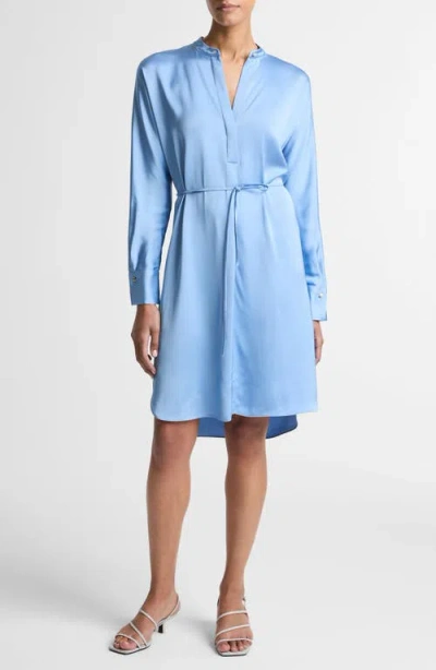 Vince Band Collar Long Sleeve Satin Dress In Blue