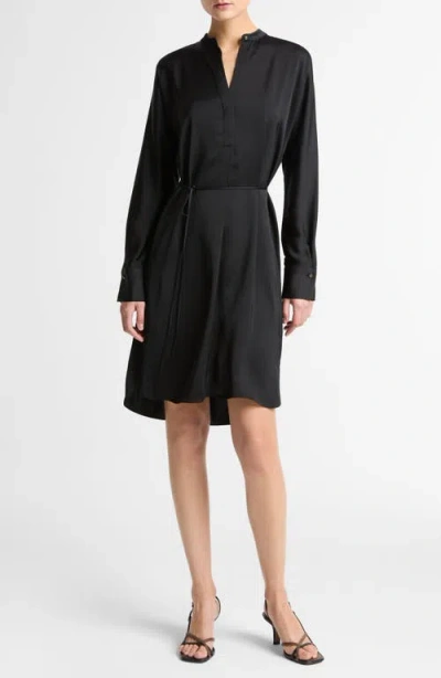 Vince Band Collar Long Sleeve Satin Dress In Black