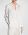 Vince Band-collar Long-sleeve Silk Blouse In Green