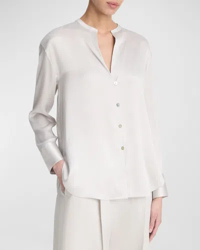 Vince Band-collar Long-sleeve Silk Blouse In Green
