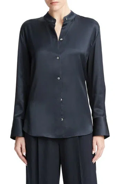 VINCE VINCE BAND COLLAR SATIN BUTTON-UP SHIRT