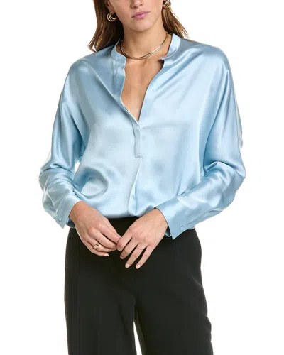 Vince Band Collar Silk Blouse In Blue