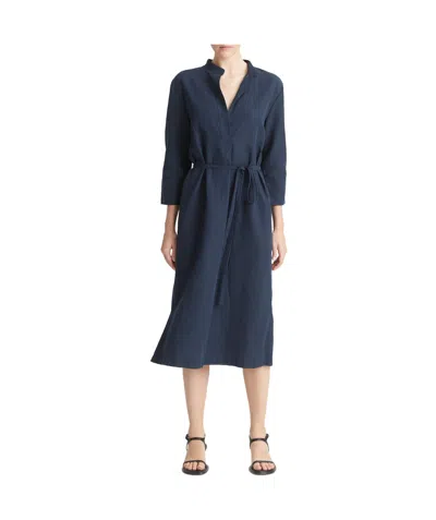 Vince Band-collar V-neck Midi Dress In Blue