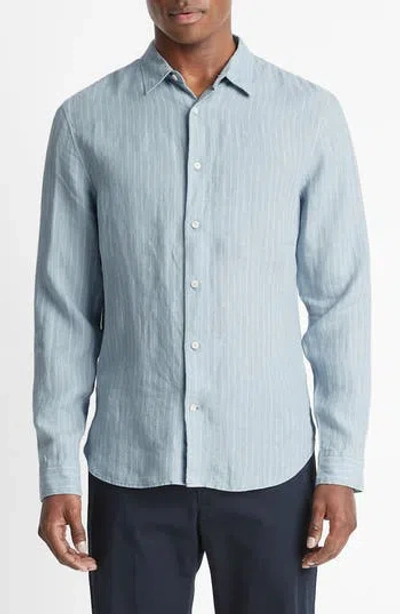 Vince Bayside Stripe Linen Button-up Shirt In Lake Blue/optic White