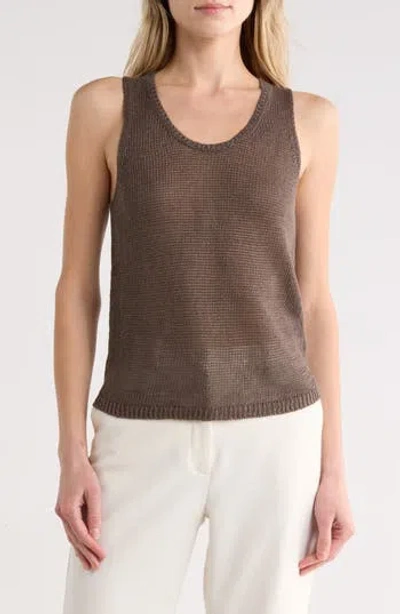 Vince Beachy Linen Open Stitch Tank In Brown