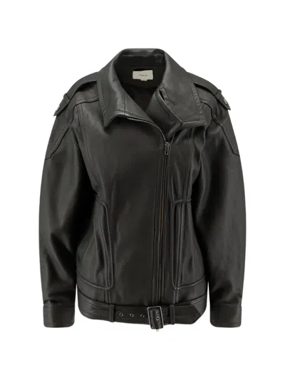 Vince Belted Leather Jacket In Black