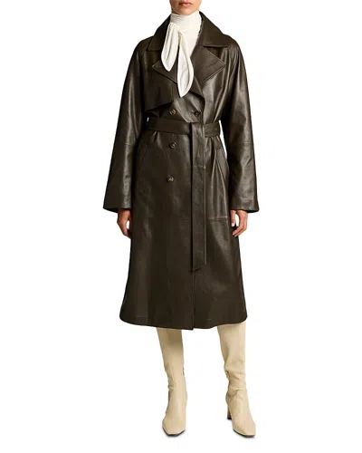 Vince Belted Leather Trench Coat In Brown