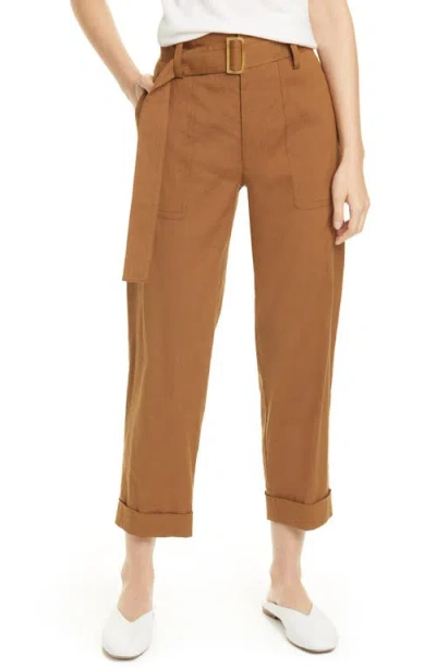 Vince Belted Linen Blend Pants In Brown