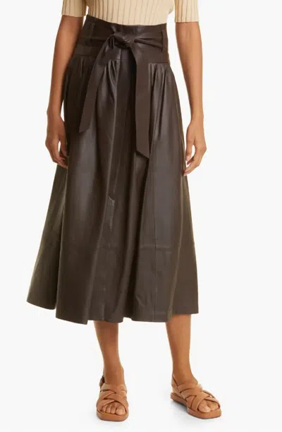Vince Belted Pleated Leather Skirt In Brown