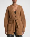 Vince Leather Belt Ribbed Cardigan Sweater In Almond