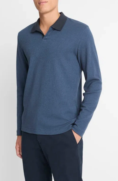Vince Bi-color Rib Johnny Collar Long Sleeve Polo In Blue