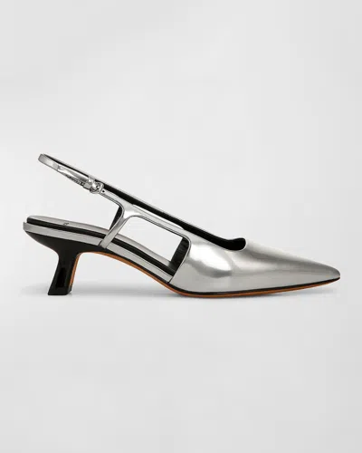 Vince Bianca Metallic Kitten Slingback Pumps In Silver Leather