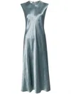 Vince Bias Satin Crewneck Cap-sleeve Midi Dress In Blue
