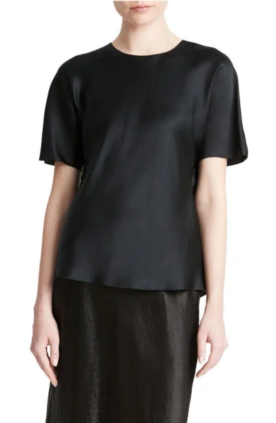 Vince Bias Cut Silk Satin T-shirt In Black