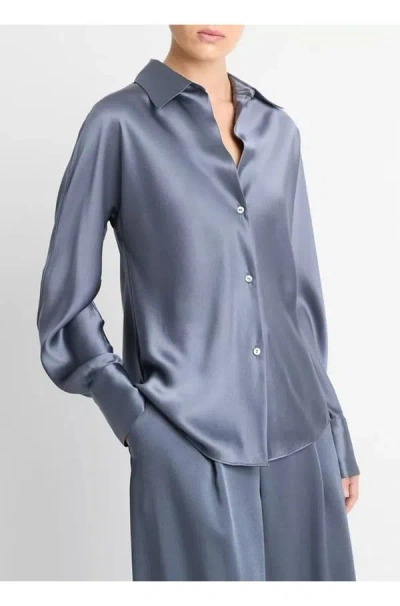 Vince Bias Long Sleeve Blouse In Iris Water In Gray