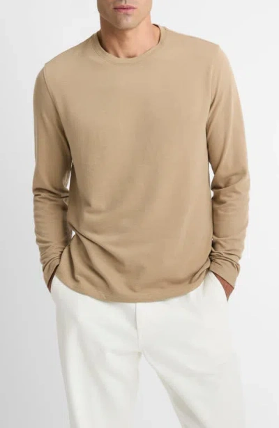 Vince Bird's Eye Stitch Long Sleeve Pima Cotton Crewneck T-shirt In Brown