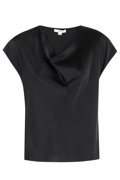 Vince Black Cowl Neck Cap-sleeve Silk Blouse