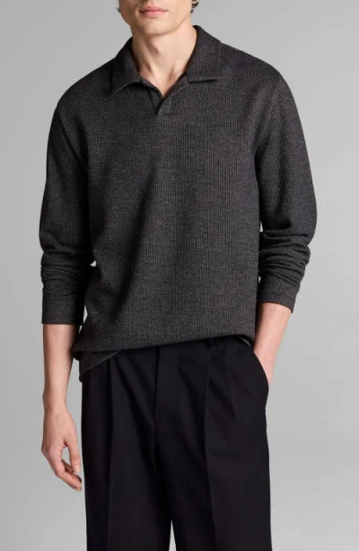 Vince Blurred Birdseye Long Sleeve Johnny Polo In Black