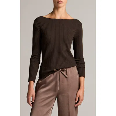 Vince Boat Neck Rib Top In Brown