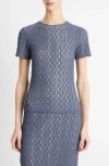 Vince Floral Smocked Short Sleeve Crew Neck Sweater In Mauve Thistle In Blue