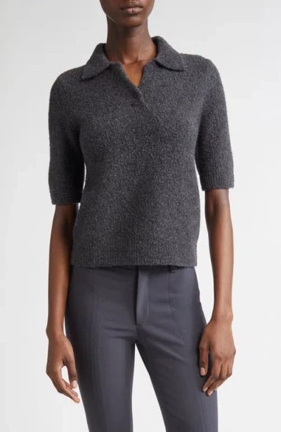 Vince Bouclé Short Sleeve Polo Sweater In Black