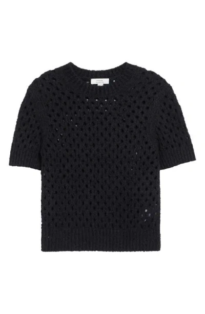 Vince Boxy Honeycomb Knit Short Sleeve Sweater In Black