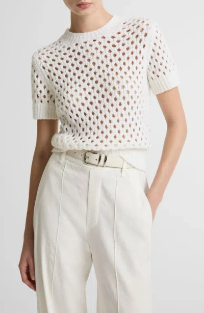 Vince Boxy Honeycomb Knit Short Sleeve Sweater In White